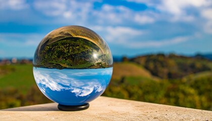 A crystal ball reflects a landscape