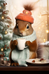  Hd digital image wallpaper high quality, In a winter forest with fir trees snow and colorful lights a cheerful squirrel in a knitted hat enjoys cocoa from a cup postcard for the new year
