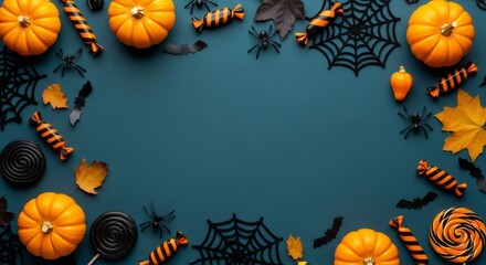 Halloween flat lay frame with festive items on dark background mockup for text. Creative composition with pumpkin and black spider web.