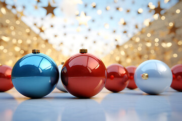 christmas balls on the table, Three christmas balls on dark wooden board with bokeh in the background

