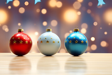 christmas decoration on red background, Christmas ornaments delicately hung on a lush green fir tree, 