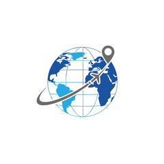 vector of a globe with an airplane path and a location pin, symbolizing global travel, logistics, or worldwide delivery.