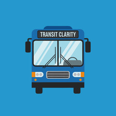 vector of a blue public transit bus with "TRANSIT CLARITY" on its display, representing urban transportation, public commute, city travel, or bus services.