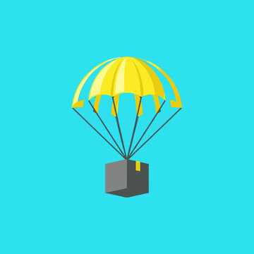 vector of a yellow parachute carrying a grey box, symbolizing package delivery, logistics, air cargo, express shipping, or emergency supply drop.