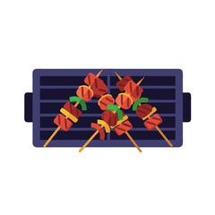 vector of a barbecue grill with several shish kebabs, perfect for illustrating outdoor cooking and summer parties.