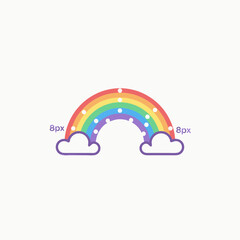 vector of a colorful rainbow with clouds and pixel annotations, representing design, weather, and graphic measurements.