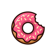 vector of a delicious pink bitten donut with colorful sprinkles, representing a sweet pastry treat.