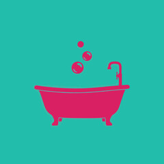 vector of a pink vintage bathtub with bubbles and a faucet, set against a teal background, symbolizing relaxation and self-care.