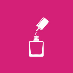 vector of a white nail polish bottle with an applicator brush dripping polish, set on a pink background, ideal for beauty and fashion themes.