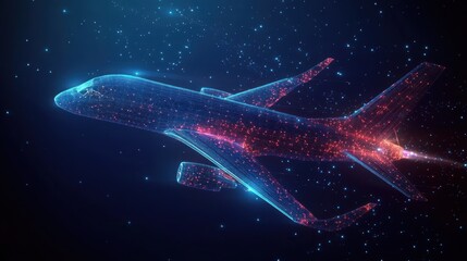 Digital wireframe of a futuristic airplane flying through a starry space environment with glowing red and blue network connections