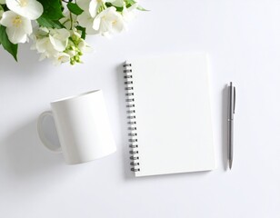 Blank White Mug Mockup: Open Notebook & Pen on Clean Desk. Creativity, Planning & Calm Productive Workspace