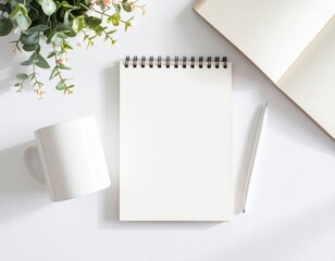 Blank White Mug Mockup: Open Notebook & Pen on Clean Desk. Creativity, Planning & Calm Productive Workspace