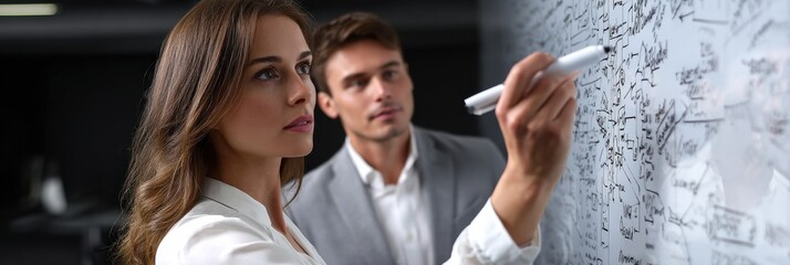 Obraz premium A man and a woman are writing on a whiteboard