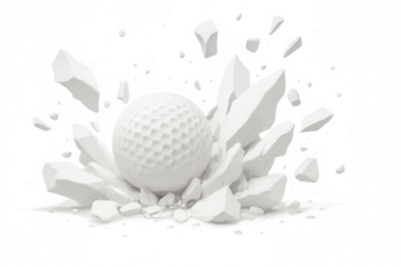 White golf ball breaking through a white wall with debris exploding outwards, on transparent background