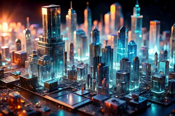 Futuristic cyberpunk cityscape with glowing neon skyscrapers and advanced technology