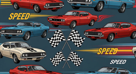 Naklejka premium Vintage muscle cars racing across a dark blue background with checkered flags, speed lines, and the bold word SPEED, ready for your next design