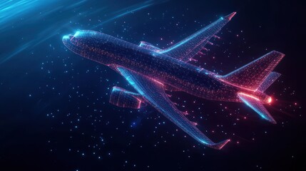 Digital holographic representation of a passenger airplane flying through outer space with glowing blue and red wireframe lights