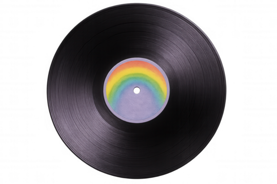 Vintage vinyl record spinning, rainbow label gleaming against transparent backdrop, capturing retro music essence and analog sound memories