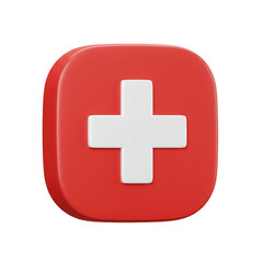 Fototapeta premium A glossy red square with rounded edges features a prominent white cross representing a symbol of aid and assistance.