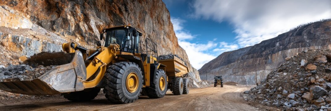 A large yellow and black construction vehicle is driving down a rocky road