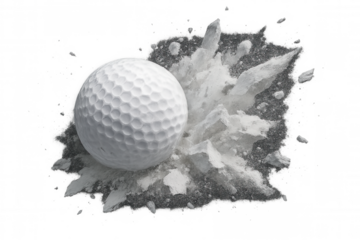 White golf ball generating dust cloud explosion, dynamic impact moment on transparent backdrop, highlighting competitive sporting action