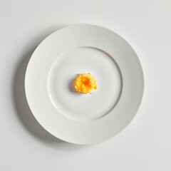 Classic baked macaroni and cheese, golden crust top, minimal portion on a white plate, white backdrop