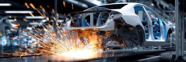 A car is being built in a factory with sparks flying from the welding process