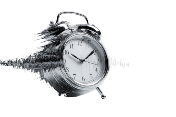 Silver alarm clock with sound wave effect representing urgency and time management concept in modern design