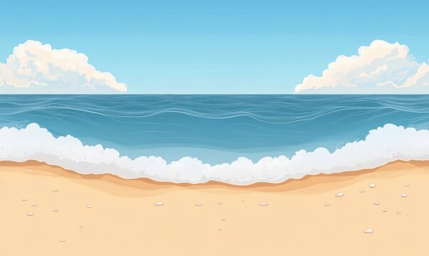 Calm sandy beach with gentle waves under a bright blue sky and scattered white clouds creating a serene and peaceful atmosphere