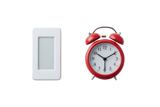 Modern White Picture Frame and Classic Red Alarm Clock Isolated on a Solid Background for Home Decor and Design