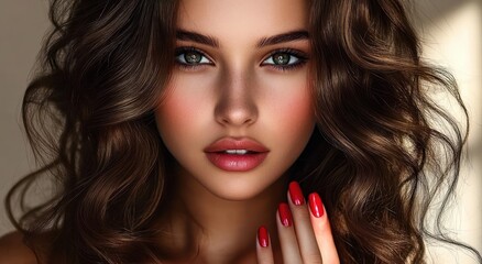 Fototapeta premium Close-up portrait of a young woman with wavy brown hair and striking green eyes, wearing red nail polish and subtle makeup, expressing confidence and allure