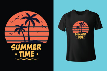 Colorful summer t-shirts on display at a vibrant store during sunny days.	