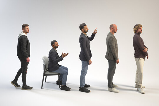 Five men stand in a line wearing varied casual and business clothing. 3D rendering image.