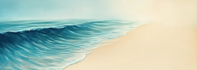 Tranquil ocean wave gently rolling onto a serene sandy beach under soft natural light