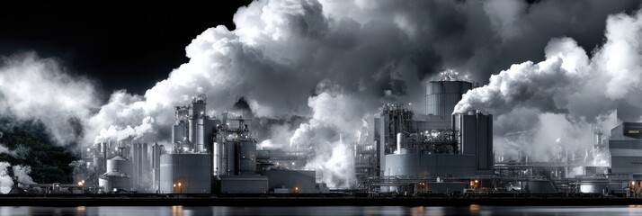 Obraz premium A city skyline with a large factory emitting smoke