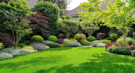 Naklejka premium Well-maintained garden with lush greenery and diverse plants.