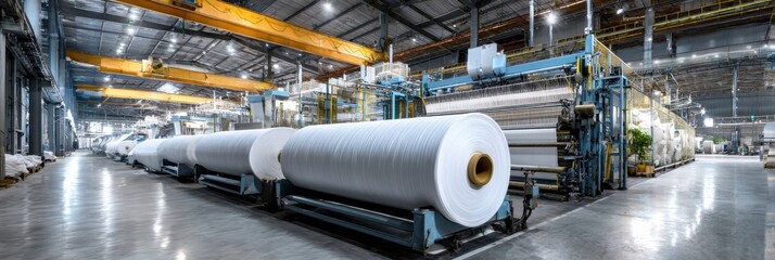 A factory with a conveyor belt that is moving rolls of white fabric