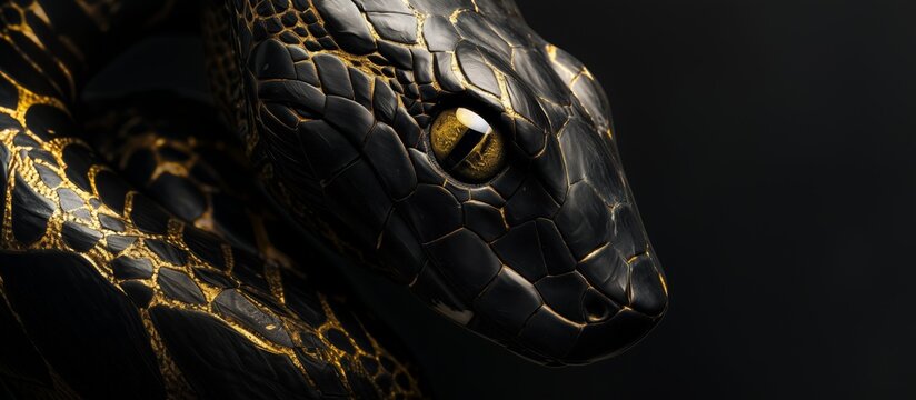 Close-up of an elegant black and gold snake with a detailed texture of scales and golden highlights on a dark background. Close-up of a black snake. A black and gold snake.