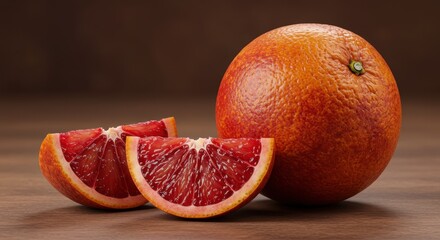 Blood orange and two slices on a wooden surface