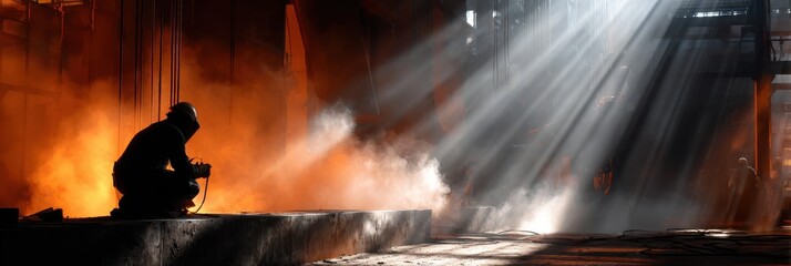 A man is crouching down in a factory with smoke and fire in the background