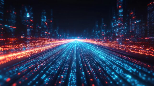 Futuristic digital landscape with glowing blue and orange lights forming a pathway through a cityscape of illuminated skyscrapers under a dark sky