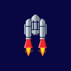 vector of a futuristic silver jetpack with red and orange flames, symbolizing propulsion, innovation, and space travel or personal flight.