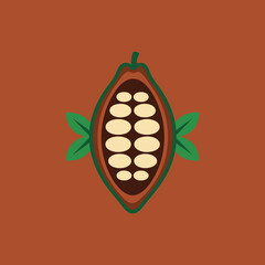 vector of a ripe cocoa pod split open with cocoa beans inside, surrounded by green leaves, representing chocolate production and natural ingredients.