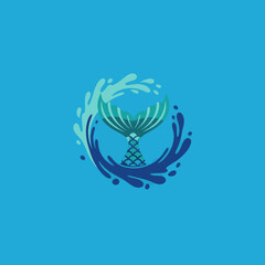 vector of a shimmering mermaid tail in blue and green, surrounded by water splashes, symbolizing fantasy, magic, and underwater adventures.