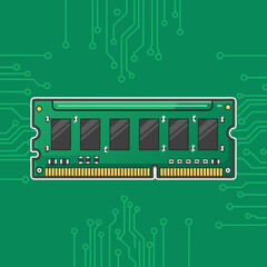 vector of a RAM memory module with microchips on a green circuit board background, representing computer hardware and technology.