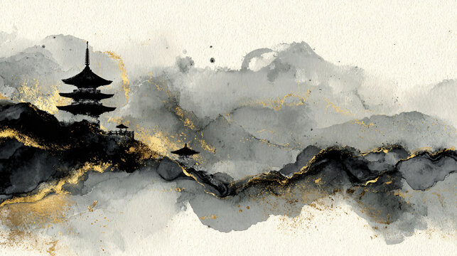 Ink Wash Mountain Pagoda With Gold Accents