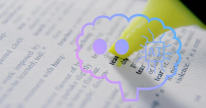 Highlighter pen entering frame and sliding over text, fading in neon cloud showing AI annotation