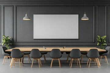 vibrant color picture of Gray and wooden office board room with blank wall high detail