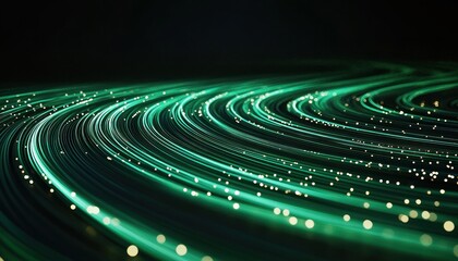 Curved glowing green fiber optic cables with scattered light particles on black background, evoking a sense of futuristic technology and data flow