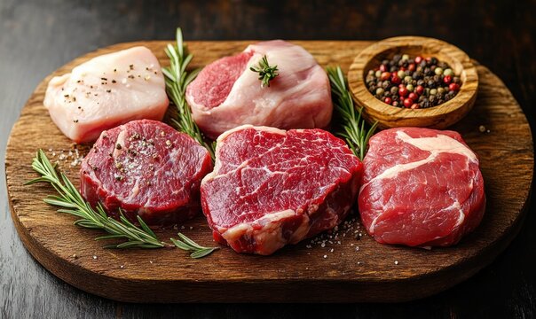 Various raw red meat cuts and a piece of raw chicken on a wooden board garnished with fresh rosemary and a small bowl of mixed peppercorns, evoking freshness and anticipation for cooking